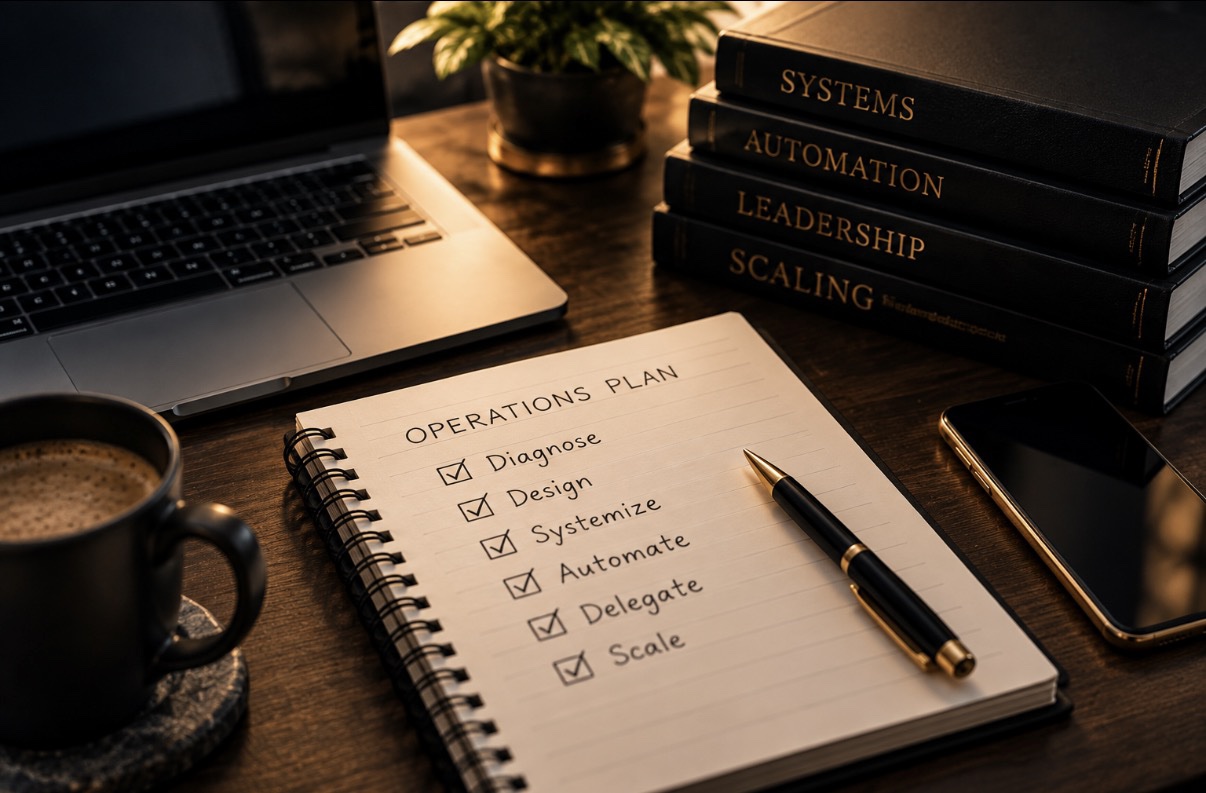 Operations plan — the Elevated methodology: Diagnose, Design, Systemize, Automate, Delegate, Scale